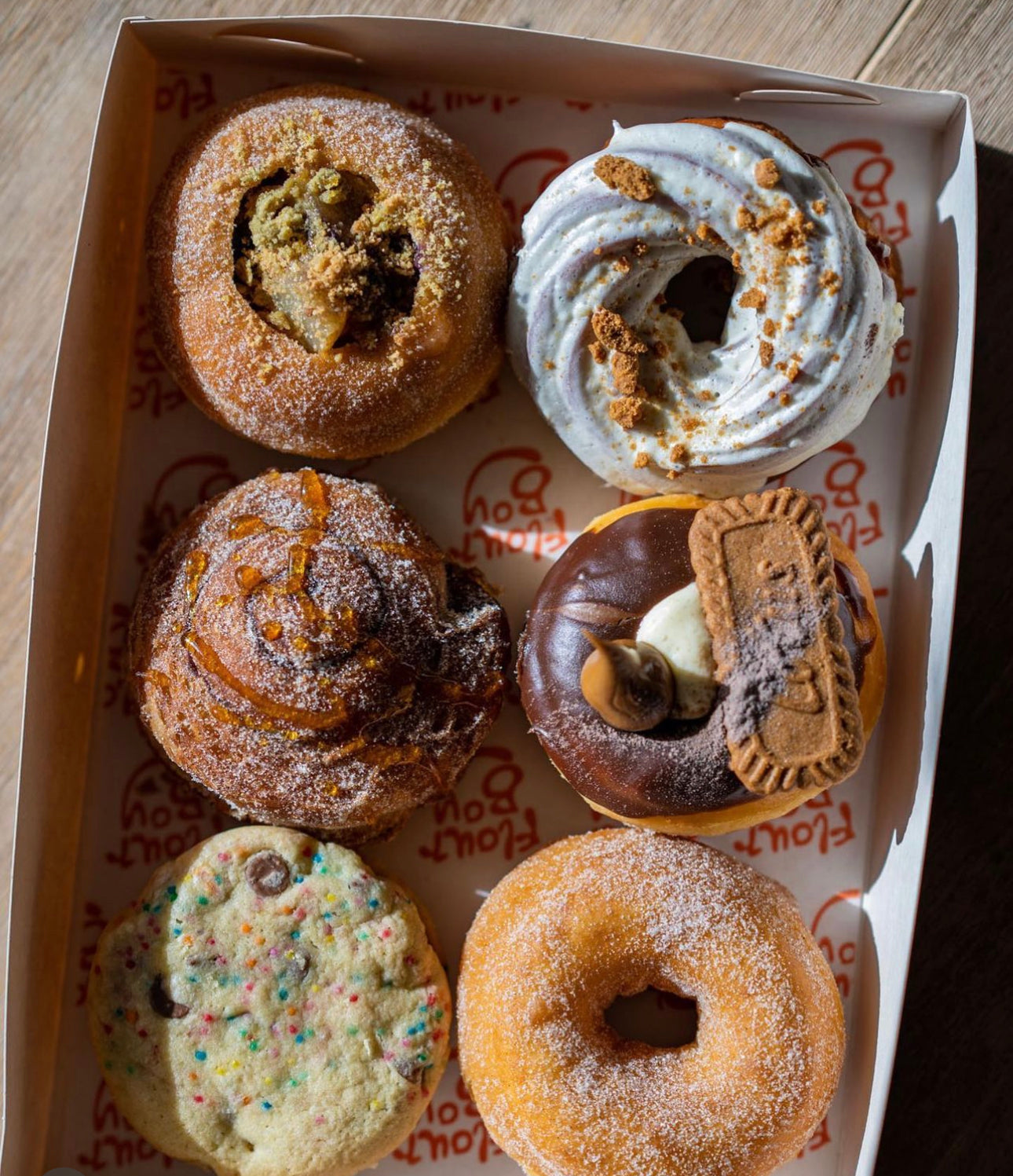 Mixed 6 pack of specialty donuts, cookies and crullers